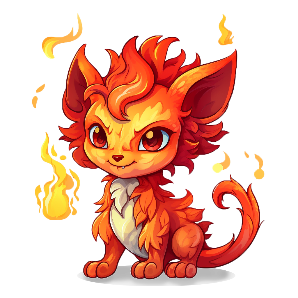 Ignix, petite créature de feu espiègle d’ELEMENDIA entourée de flammes dans un style fantastique.