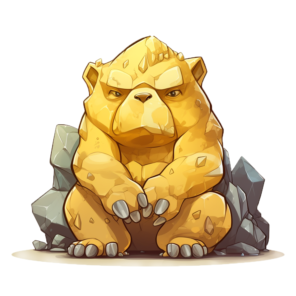 Grizrock, créature de pierre d’ELEMENDIA assise sur un amas de rochers, gardien bougon des falaises.