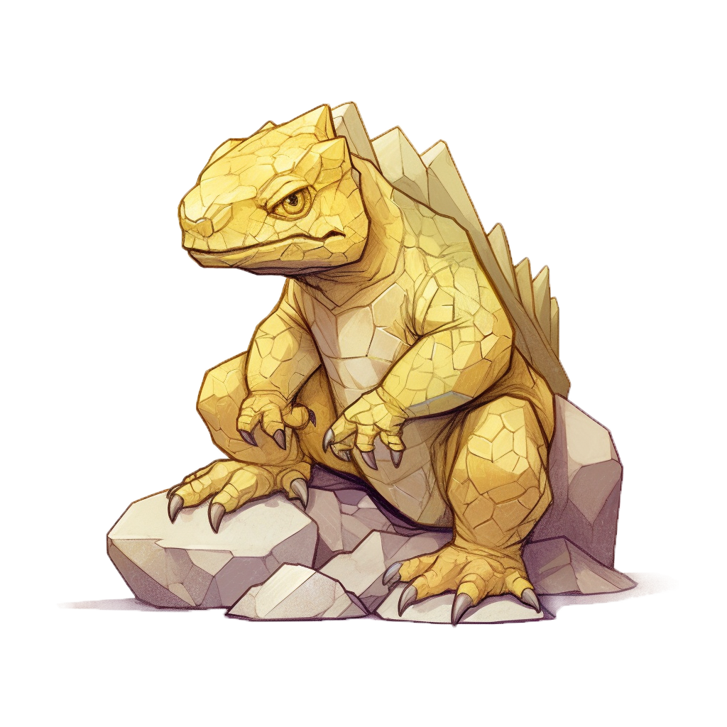 Cragmath, créature de pierre d’ELEMENDIA assise parmi des rochers dans un univers fantastique.