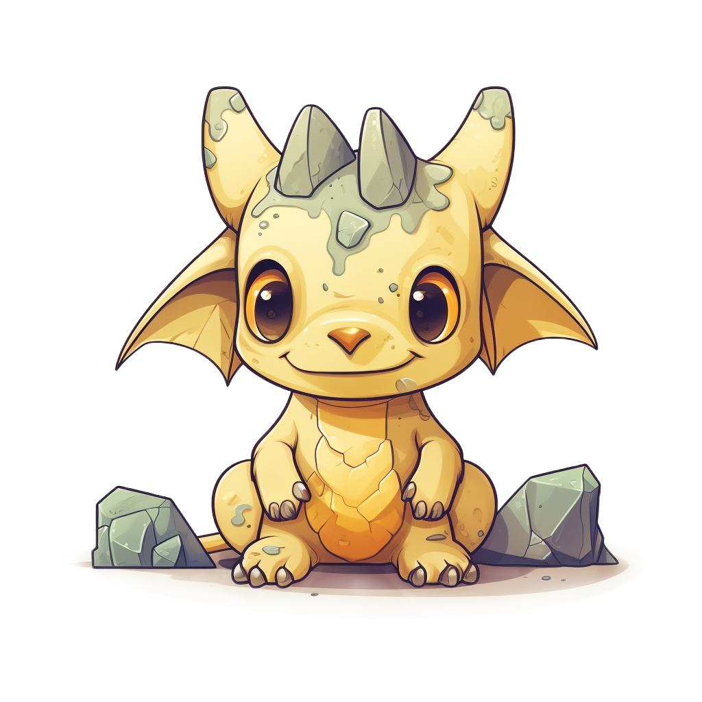 Peblin, petite créature de pierre d’ELEMENDIA assise parmi des rochers dans un univers fantastique.