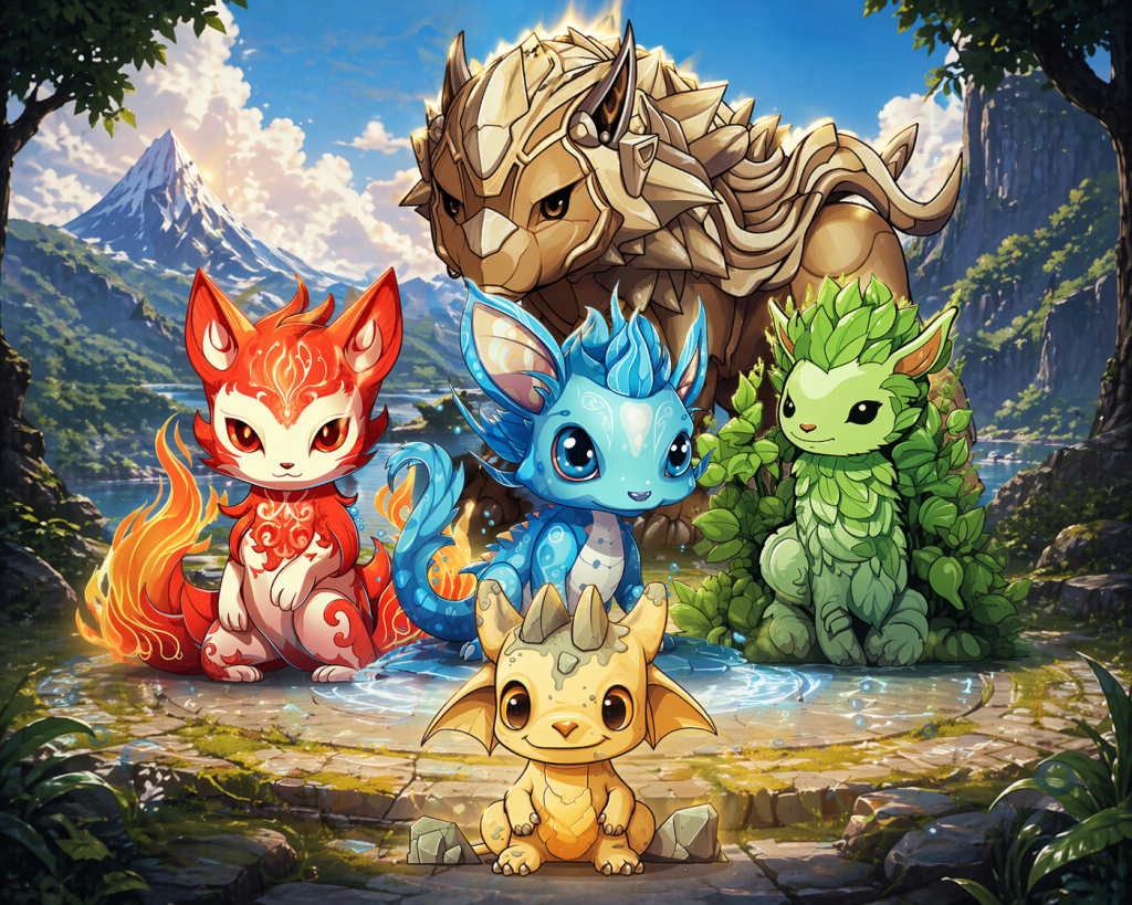 Créatures PRIMAL d’ELEMENDIA représentant les éléments feu, eau, feuille et pierre dans un univers fantastique
